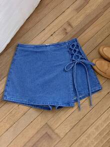 女士纯色系带不对称下摆休闲牛仔短裤，夏季嘉年华服装，通勤度假毕业典礼时尚Y2K可爱街头风派对婚礼优雅商务休闲女士商务海滩毕业复活节女士时尚牛仔迷你裙短裤，侧边系带细节，完美夏季休闲穿着女士蓝色牛仔裙短裤，侧边可调节系带和不对称下摆设计，内搭短裤 - 藍色 - 查看 3