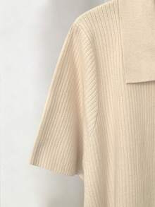 Franclia Plus Size Women's Summer Elegant French Style Butter Yellow Knit Polo Top,Autumn Everyday Short Sleeve Ribbed Metal Button Cardigan Lapel Blouse - Apricot - View 4