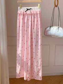 SHEIN Comfortcana Women's Striped Bow Print Pants - Pink - View 6