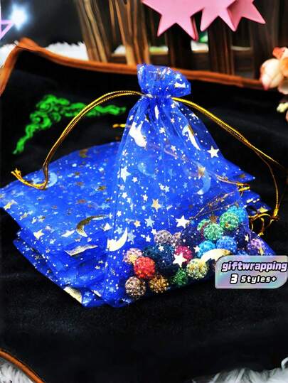 20/50/100个装 9*12厘米 烫金皇家蓝月亮星形图案欧根纱束口袋，适用于珠宝收纳、糖果、巧克力包装、生日、派对礼品包装