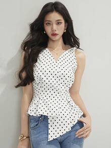 Heiryn 女士波点不对称下摆吊带背心 - 白色 - 查看 4