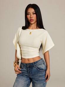 SHEIN PETITE Áo thun ngắn tay cánh dơi màu mơ dành cho nữ - Màu be - Xem 4