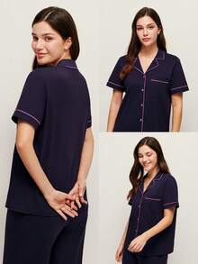 LUVLETTE Soft 100% Pure Cotton Contrast Trim Short-Sleeve Basic Button-Up Top & Pants Loungewear Pajama Set - Navy Blue - View 3