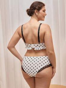 Bralution 2pcs Plus Size Bra Set With Molded Cup, Underwire, Mesh Inset, Ruffle Trim, Bow Accent, Lift & Enhance, Polka Dot Pattern  Cozy And Elegant Details - Black and White - View 3