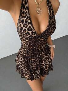 SHEIN PETITE 女士豹纹露背荷叶边连衣裙，性感度假连衣裙，猎豹纹，猎豹连衣裙，豹纹连衣裙，生日连衣裙，性感夏季 - 棕色 - 查看 4
