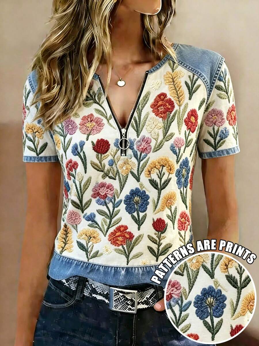 EMERY ROSE Camiseta de Manga Curta com Decote em V, Efeito Denim Falso com Estampa Floral, Verão - Multicolorido - Visão 1