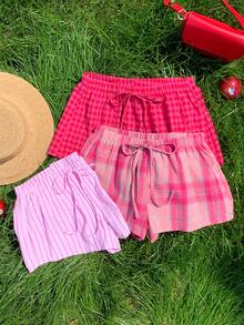 Comfortcana Women's 3pcs Summer Cute Pink Check Shorts Set, Drawstring Waist Plaid Casual , Versatile Beach Picnic Vacation Wear, Y2k Style - Multicolor - View 4