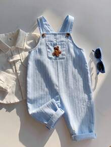 SHEIN Bộ yếm ăn cho bé trai kiểu dáng thường ngày, dễ thương, đa năng, họa tiết gấu hoạt hình kẻ sọc. - Màu xanh lam - Xem 5