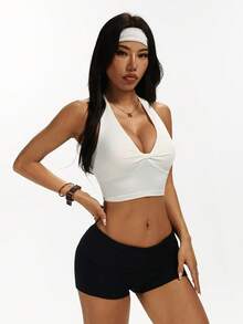 SHEIN Dewbera Áo tank top nữ cổ chữ V thắt nút xoắn, kiểu dáng năng động, thích hợp cho mùa xuân/hè. - trắng - Xem 7