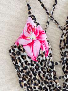 Swim SXY Springbreak Swim Vcay 女士性感深V露背交叉绑带连体泳衣，度假印花 - 棕色 - 查看 4