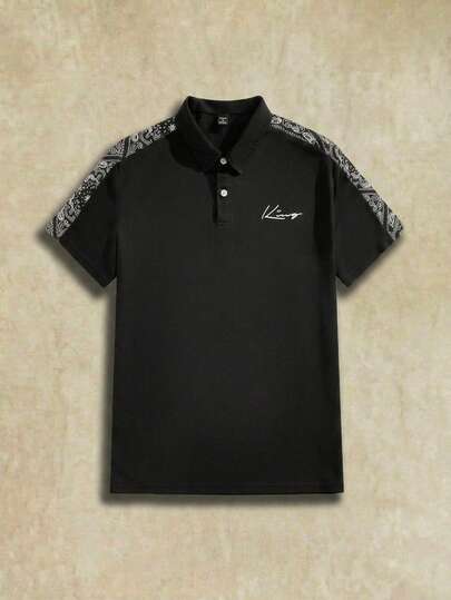 AKNOTIC 男士休闲字母图案翻领 Polo 衫，夏季款