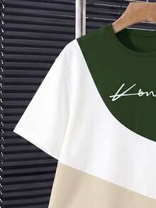 Tween Boys T-Shirt Set, Summer Green, White, Apricot, Fluid Wave Color Block Patchwork Set, Big Kids Casual Short Sleeve Shorts 2-Piece Set, Children's Korean Style Cool Chest Text Print Design - Multicolor - View 7