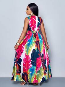 SHEIN PETITE CURVE Đầm dài không tay cổ chữ V sâu, in họa tiết toàn thân, kiểu dáng đơn giản, thường ngày dành cho nữ, cỡ lớn (họa tiết ngẫu nhiên) - Màu Hồng Tươi - Xem 2