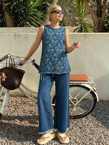 Bộ áo và quần jeans không tay in họa tiết hạt điều dành cho nữ. - Màu xanh lam - Xem 2