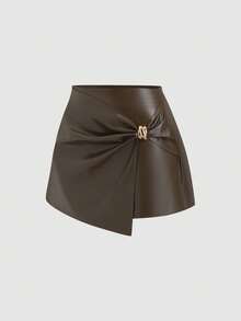 Sweetra Falda corta plisada de cuero sintético marrón con hebilla de metal, de cintura baja, elegante, minimalista, vintage, urbana, moderna, sexy, atrevida, casual, para ir al trabajo, a la escuela, de compras, a una cita o a una fiesta, adecuada para primavera, verano, otoño e invierno - Verde Oliva - Ver 3