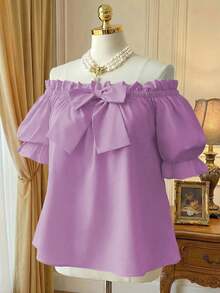 Rometta Elegant Sexy Off-Shoulder Loose Casual Plus Size Blouse With Bowknot, Pink - Purple - View 6