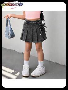 SHEIN Elladie kids 女孩休闲褶裥裤，配蝴蝶结腰带。舒适的水洗蓝色牛仔短裙，全新时尚街头风设计 - 灰色 - 查看 7