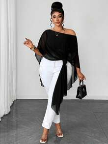Maweii Camicetta elegante in chiffon nero trasparente da donna taglie forti, con spalle scoperte e maniche asimmetriche, indossabile in più modi con parte anteriore corta e posteriore lunga, camicia in chiffon nero, outfit casual estivo taglie forti, adatta per spiaggia, festival musicali, appuntamenti serali, nuova camicia lunga taglie forti - nero - Visualizzare 7