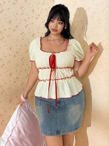 CovetEZ Plus Size Summer Casual Contrast Color Trim Lace-Up T-Shirt Gym Brown - Beige - View 1