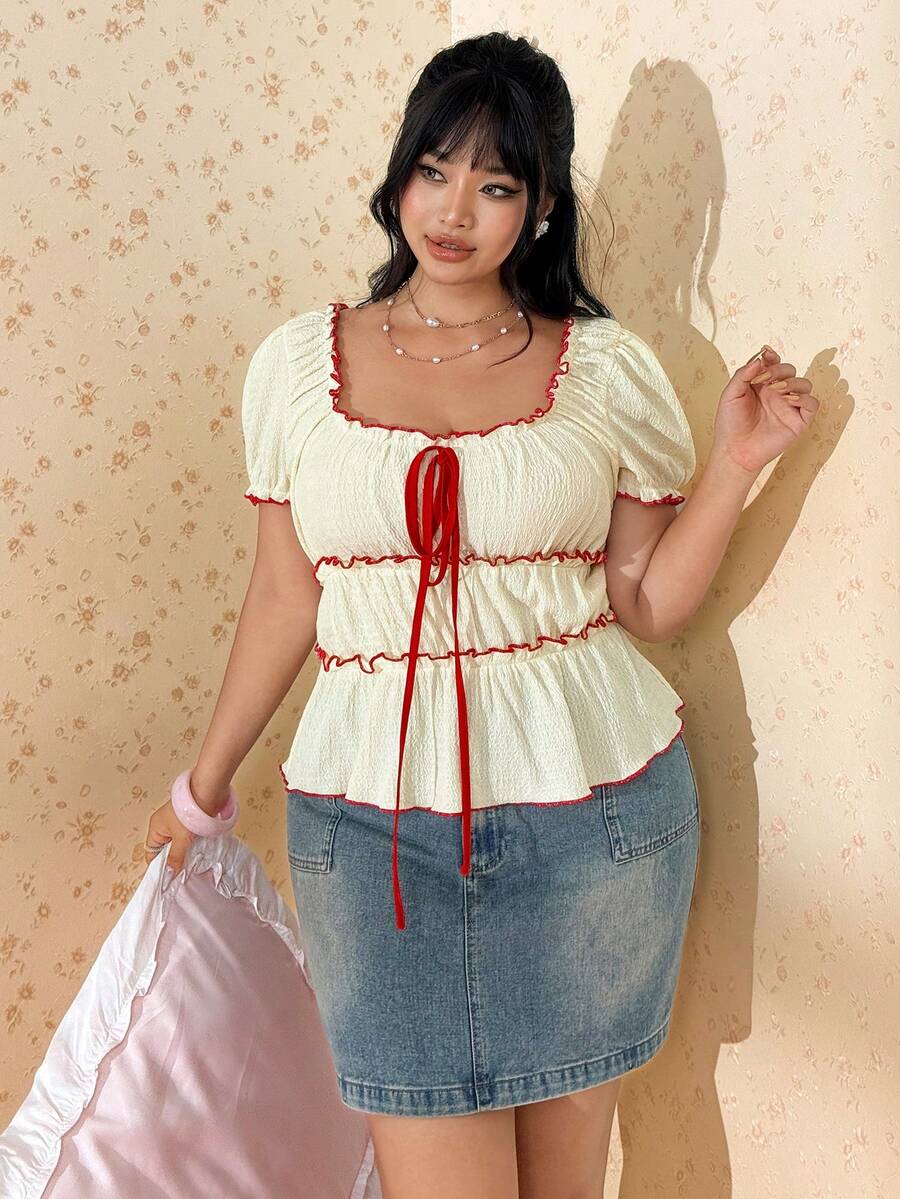 CovetEZ Plus Size Summer Casual Contrast Color Trim Lace-Up T-Shirt Gym Brown - Beige - View 1