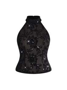 ROMWE Goth Plus Size Patchwork Embroidered Fitted Fashionable Camisole - Black - View 2