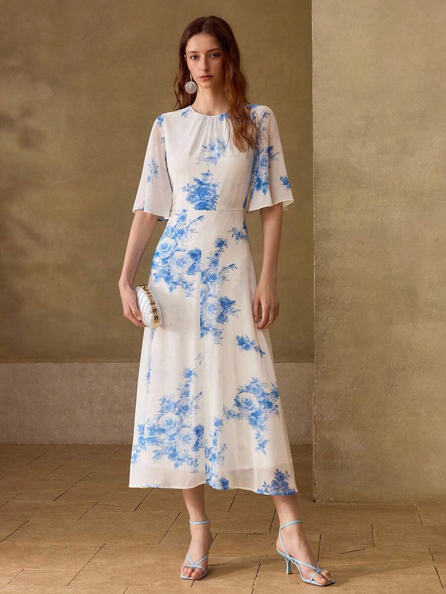 MOTF PREMIUM Đầm nữ chất liệu chiffon in hoa, cổ tròn, tay ngắn, dài ngang gối, thích hợp mặc thường ngày và hẹn hò, mùa xuân/hè. - Nhiều màu - Xem 2