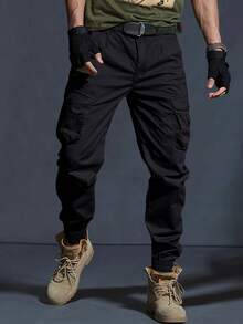 OTTIMOZO Men Plain Button Front Pocket Simple Design Casual Cargo Pants, Daily Wear, Fall - Black - View 3