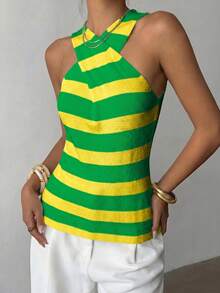 Selianne Casual Vacation Style Criss-Cross Black & White Striped Sleeveless Asymmetric Women Knit Top, Spring/Summer - Multicolor - View 6