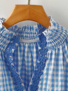 Linhara Plus Size V-Neck Gingham Blouse With Contrast Embroidered Trim And Ruffle Sleeves, Fresh French Style - Blue - View 3