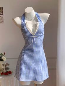 Comfortcana 2026 New Arrival Spring/Summer Women's Plaid Textured Halter Backless Mini Dress Party Picnic For Ladies Holiday Outfits Blue And White Cute - Blue - View 4