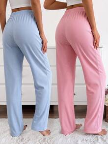 Women Cotton Rib Knit 2 Pcs Bow &Ribbon Detail Homewear Long Longe Comfort Long Bottoms Sets - Multicolor - View 2