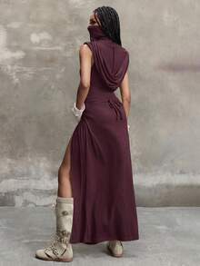 ROMWE Grunge Punk Y2K Millennium Retro Apocalyptic Wasteland Style Hooded Plunging Neckline High Slit Dress - Burgundy - View 2