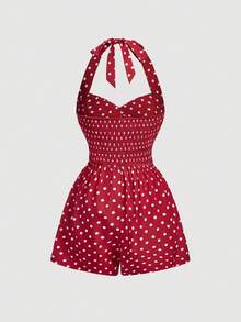 SHEIN MOD Bộ áo liền quần cổ yếm kẻ caro dễ thương dành cho nữ - Đỏ - Xem 2