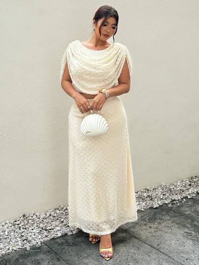 Firerie Plus Size Spring/Summer New Elegant & Comfortable Party, Gathering, Date, Ball, Holiday, High-End Venue, Afternoon Tea Elastic Textured Draped Neck Waist Cinched Long Sleeve Dress For Women