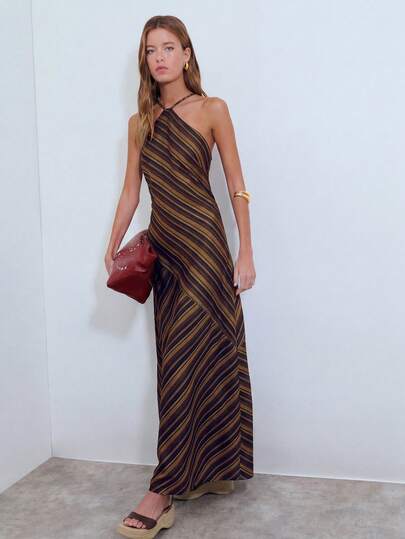 Nöista Đầm midi cổ yếm kẻ sọc xanh xám nhiều hướng. Đầm mùa xuân cho nữ, quần áo mùa hè, trang phục đi nghỉ mát cho nữ, đầm đi nghỉ, trang phục đi biển cho nữ.