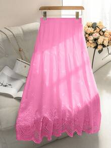 Modelyn Chân váy thêu lỗ khuy cạp chun cho nữ, mùa xuân/hè - Màu Hồng  Dưa hấu - Xem 5