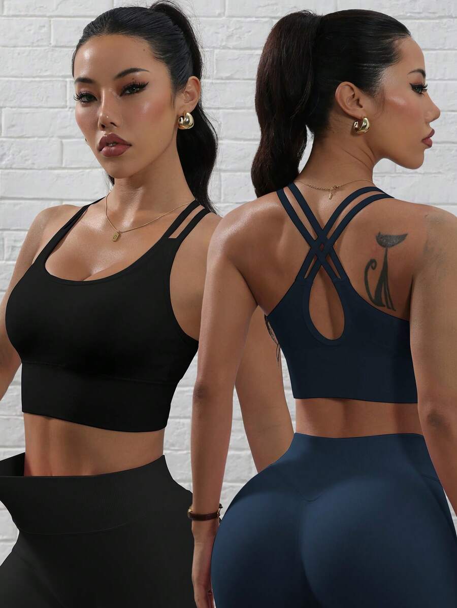 Gameset SHEIN Sport 女士夏季纯色交叉露背运动文胸 - 彩色 - 查看 1