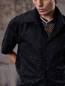 Skyrend Men's Casual Fashion Summer Vacation Jacquard Rhinestone Dropped Shoulder Loose Black Shirtemo - Black - View 7