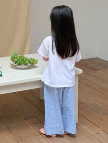 Dazy Kids Bộ đồ mặc nhà thoải mái thường ngày 2 món, áo thun chui đầu + quần dài ống thẳng, dành cho bé gái (size nhỏ) - Xanh và trắng - Xem 7