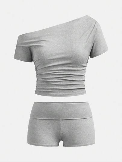 SHEIN Girlism Bộ áo thun ngắn tay dệt kim lệch vai cho bé gái tuổi teen mùa hè, bộ áo thun đa năng phù hợp cho đi làm hàng ngày, thanh lịch, dự tiệc, hẹn hò, họp mặt gia đình, lễ tốt nghiệp, kỳ nghỉ.