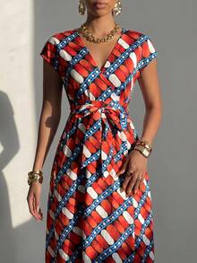 Elenzga Women's Casual Printed Deep V-Neck Criss-Cross Tie Waist High Slit Dress - Multicolor - View 5