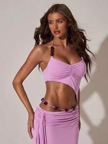 SHEIN BAE Women's Sexy Hollow-Out Beaded Decor Halter Dress, Beach Dress, Suitable For Beach, Vacation, Date, Hanging Out With Friends, Vacation Dress,Summer Dresses For Women - Baby Pink - View 6