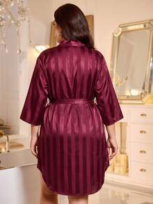 MuseNap CURVE Luxury Satin Jacquard Striped Cinched Waist Plus Size Robe - Red Violet - View 2