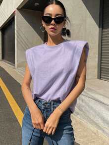 DAZY Summer Casual Solid Color Wide Strap Padded Shoulder T-Shirt Y2K - Purple - View 4
