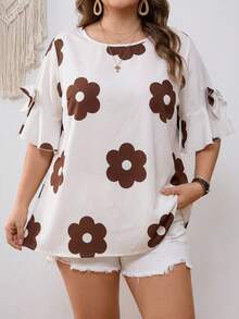 SHEIN CURVE+ Curve 尺码 US22 音乐节、海滨度假、波西米亚风女士蝴蝶结装饰圆领紫红色衬衫，夏季 - 彩色 - 查看 7