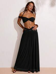 SHEIN BAE Chân váy maxi nữ kiểu dáng bất đối xứng, trang trí kim loại, thích hợp cho các dịp nghỉ dưỡng, ngày Valentine, lễ hội âm nhạc, tụ họp bạn bè, màu đỏ nâu, đi biển. - màu đen - Xem 6