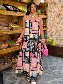 SHEIN LUNE Đầm nữ cỡ lớn không tay, in họa tiết, dáng chữ A, xẻ tà, thích hợp cho kỳ nghỉ xuân/hè. - Nhiều màu - Xem 4