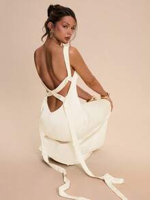 SHEIN BAE Cream White Backless Tie Strap Fitted Satin Mermaid Dress, Elegant Sexy For Brunch Dinner Date, Bridesmaid, Party, Formal Occasions, Birthday, Summer - Apricot - View 5
