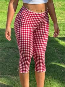 SHEIN EZwear Plus Size Summer Casual Plaid Split Hem Cropped Leggings - Black - View 3