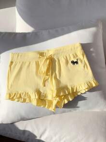 Comfortcana Women's Summer Cat Print Ruffle Hem Tie-Front Shorts, Pale Yellow - Pale Yellow - View 8